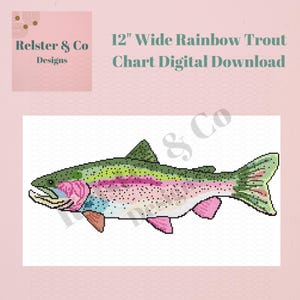 May include: A digital download chart of a 12-inch wide rainbow trout. The fish is depicted in a pixelated style, with green, pink, and blue hues. The image includes the text "Relster & Co Designs" and "12" Wide Rainbow Trout Chart Digital Download."