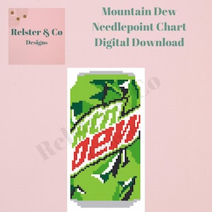 May include: A digital download needlepoint chart featuring a pixelated image of a Mountain Dew soda can. The can is primarily green with red and white text. The background is a light pink color. Text in the image reads "Mountain Dew Needlepoint Chart Digital Download".