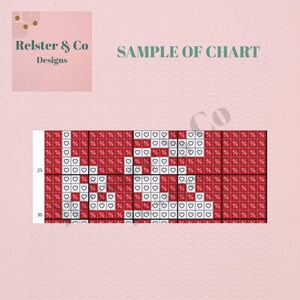 May include: A cross-stitch chart with a repeating pattern of red squares and white heart shapes spelling out the word "LOVE". The chart includes the text "SAMPLE OF CHART" and the brand name "Relster & Co Designs".