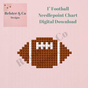 May include: A digital download needlepoint chart of a 1-inch football. The football is brown with white stripes and details, made of small square pixels. The text "1" Football Needlepoint Chart Digital Download" is displayed.