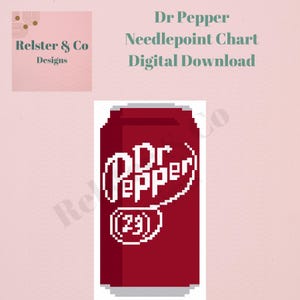 May include: A digital needlepoint chart featuring a pixelated image of a Dr Pepper can. The can is a deep red colour with the Dr Pepper logo in white. The text "Dr Pepper Needlepoint Chart Digital Download" is also visible.