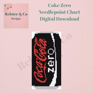 May include: Digital download of a Coke Zero needlepoint chart. The design features a pixelated image of a Coke Zero can with the Coca-Cola logo in red and the word "ZERO" in white on a black background. The background is light pink.