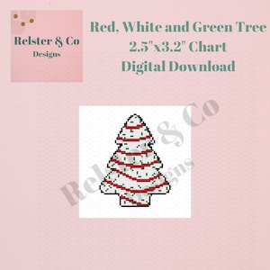 May include: A digital cross-stitch pattern featuring a stylized tree with white, red, and green pixelated details. The text reads: Red, White and Green Tree 2.5"x3.2" Chart Digital Download. Relster & Co Designs is also printed on the image.