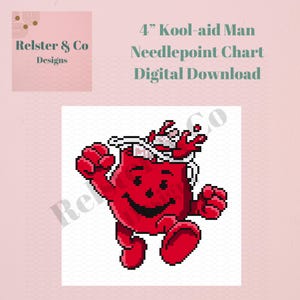 May include: A digital needlepoint chart featuring the Kool-Aid Man. The image shows a pixelated red figure with a smiling face and outstretched arms. The text reads "4" Kool-aid Man Needlepoint Chart Digital Download."
