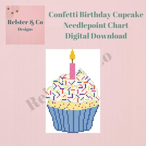 May include: Digital needlepoint chart featuring a pixelated confetti birthday cupcake with a pink candle and yellow flame. The cupcake has a blue liner and is covered in colorful sprinkles. Text reads "Confetti Birthday Cupcake Needlepoint Chart Digital Download."
