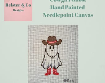 Cowgirl Ghost Needlepoint Canvas | Hand Painted Halloween Needlepoint | Western Ghost Ornament | Pink Cowboy Boots