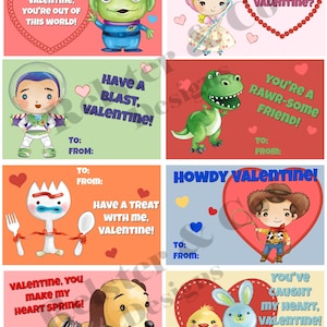 May include: Eight printable Valentine's Day cards featuring characters from the Toy Story franchise. The cards are decorated with hearts and feature the text "To:" and "From:" at the top of each card.
