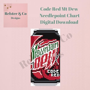 May include: A pixel art needlepoint chart digital download featuring a soda can design with the text Code Red Mt Dew Needlepoint Chart Digital Download and Relster & Co Designs. The graphic depicts a stylized red, green, and black soda can.