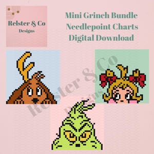 Könnte beinhalten: Ein digitaler Download mit Mini Grinch Bundle Needlepoint Charts von Relster & Co Designs. Das Bild zeigt drei Pixel-Art-Illustrationen: einen braunen Hund mit Geweih, eine blonde Figur mit roten Schleifen und ein grünes Grinch-Gesicht.