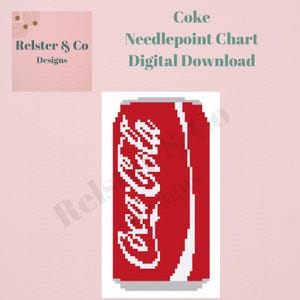 May include: Digital download of a Coke needlepoint chart. The design features a pixelated image of a red Coke can with the white Coca-Cola logo. The background is a soft pink with the text "Relster & Co Designs" and "Coke Needlepoint Chart Digital Download".