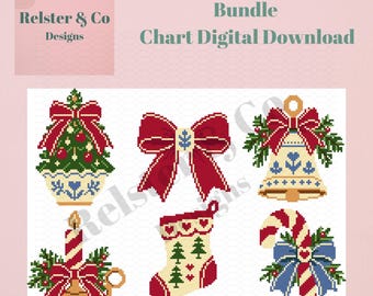 Christmas Needlepoint Chart Bundle | 6 Holiday Mini Patterns | Bow Bell Stocking Candy Cane Tree | Digital PDF Download