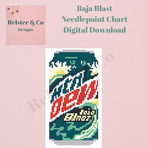 May include: Digital download of a needlepoint chart featuring a pixelated design of a Baja Blast soda can. The can is primarily teal, red, and white, with the words "Baja Blast" and "Digital Download" in the image.