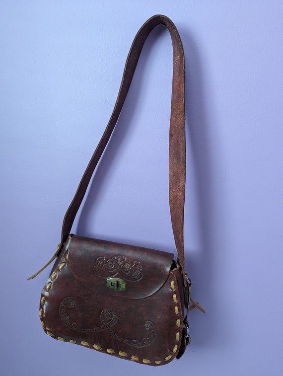 Vintage 1970s Tooled Leather Purse/shoulder Bag - Etsy
