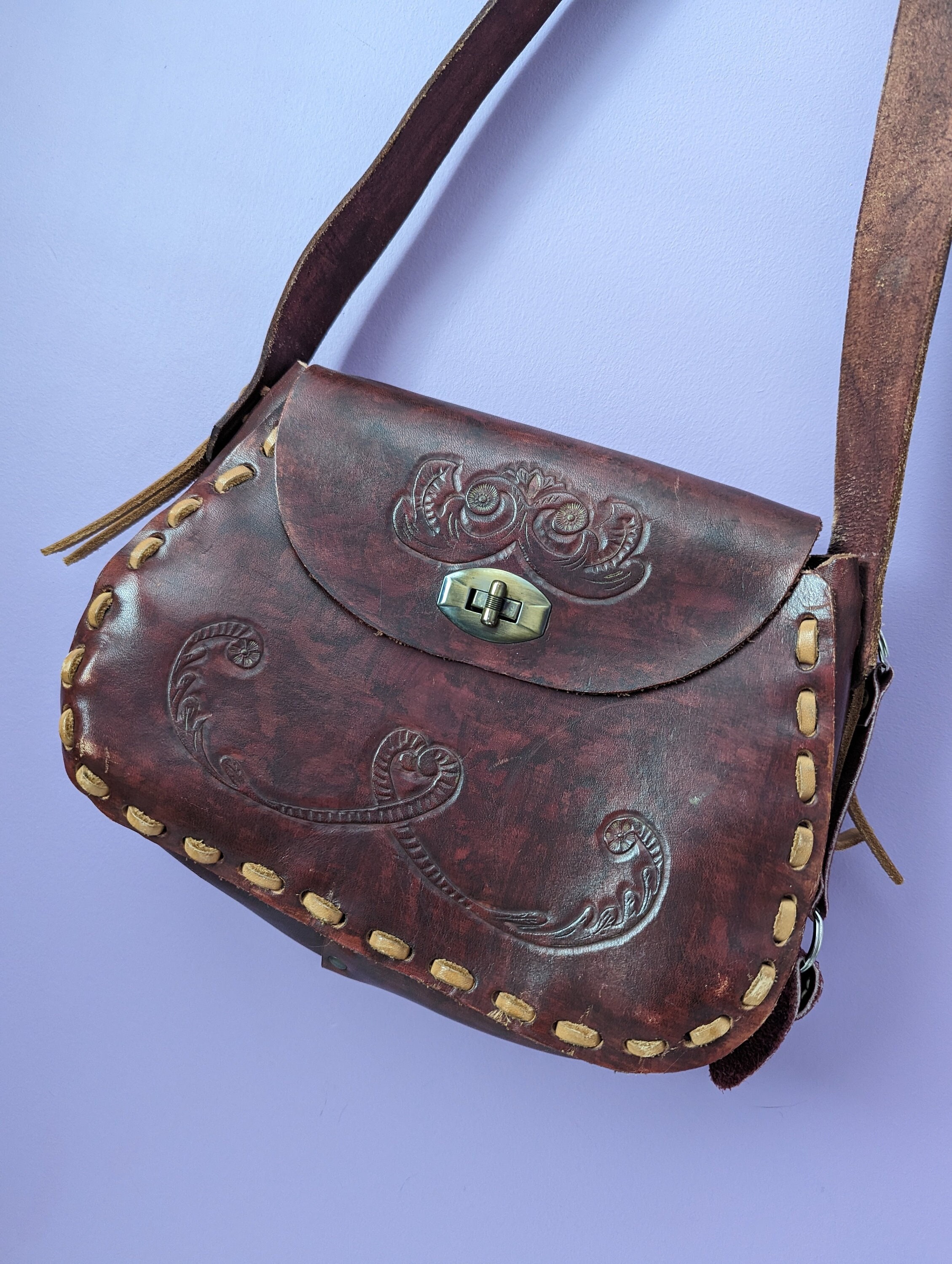 Vintage 1970s Tooled Leather Purse/shoulder Bag - Etsy