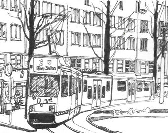 Amsterdam Tram fineliner drawing Printable Art