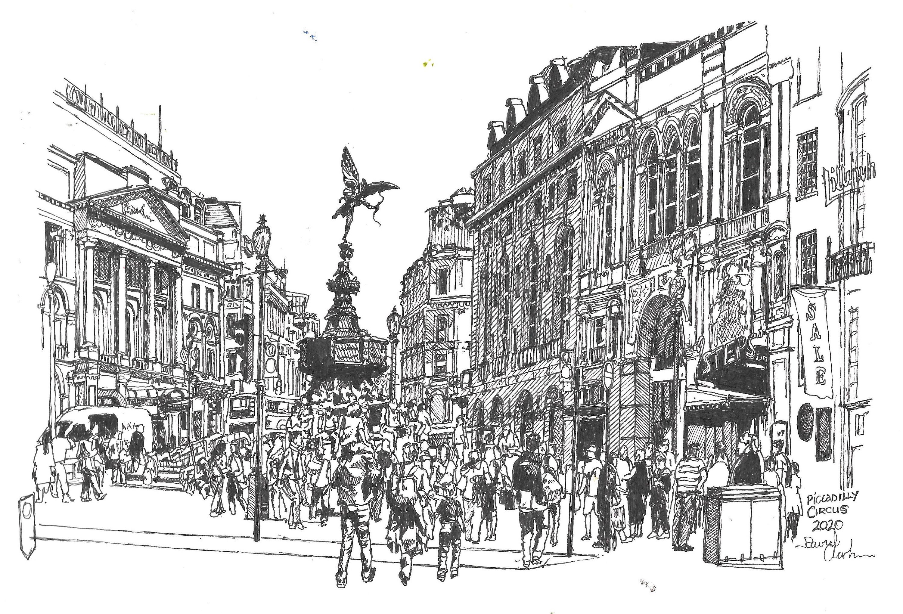 London Piccadilly Circus Eros Street Scene Fineliner Drawing Printable