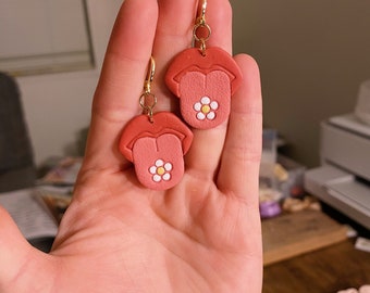 Tongue Flower Handmade Polymer Clay Huggie Lever back Earrings 70s Vibes Groovy Valentine’s Day Dangle Pink White Daisy Gift Present