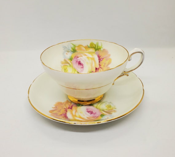 Vintage Stanley Tea Cup Saucer China Pink Yellow Roses Vintage