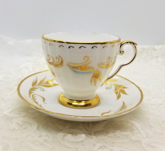 Vintage Royal Grafton Teacup & Saucer Teal Green Covered in Gold Gild Floral Design Inside and Out of the Set Beautiful