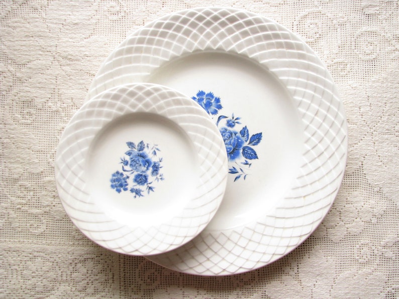 Vintage Plates Set Blue Rose Ironstone White Plate Blue Flower Etsy