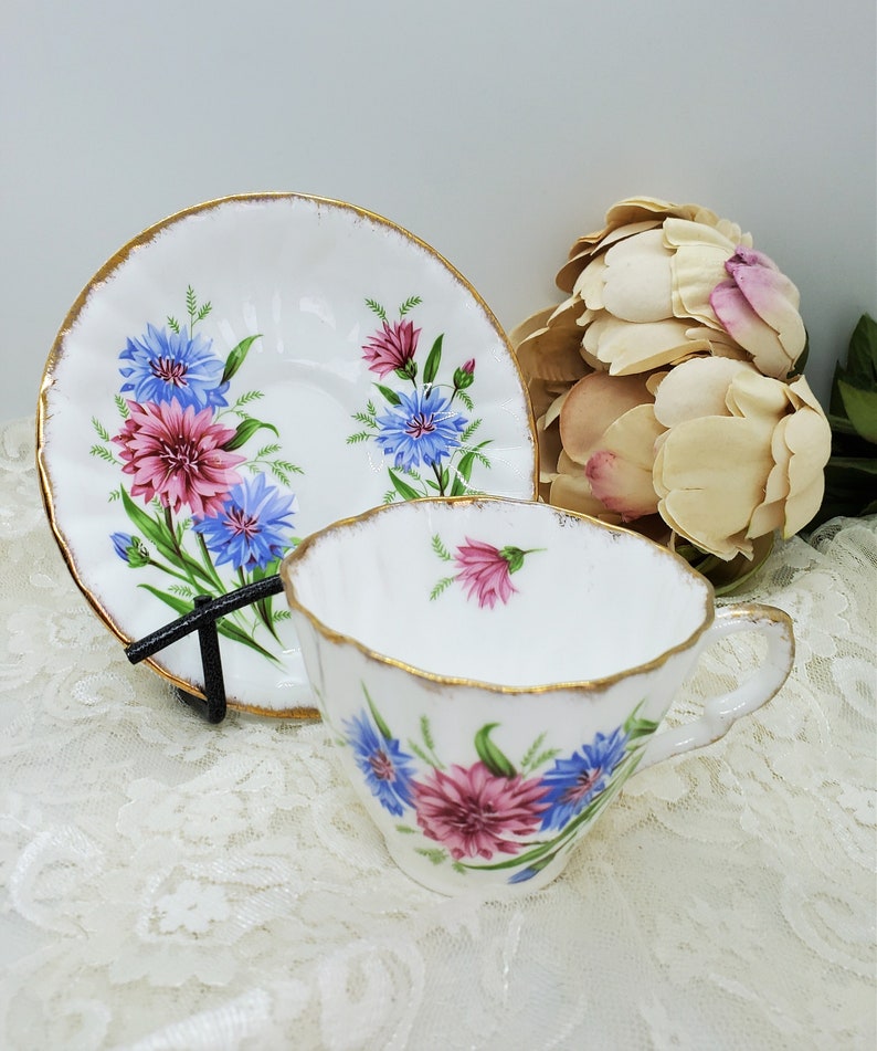 Vintage Crown Tea Cup Bone China Cup Saucer Cornflower Cup Etsy