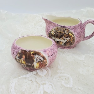 Vintage creamer and sugar bowl Pink Sandland Hanley with Books scenes Miniature tea serving set English ware Lancaster Christmas gift