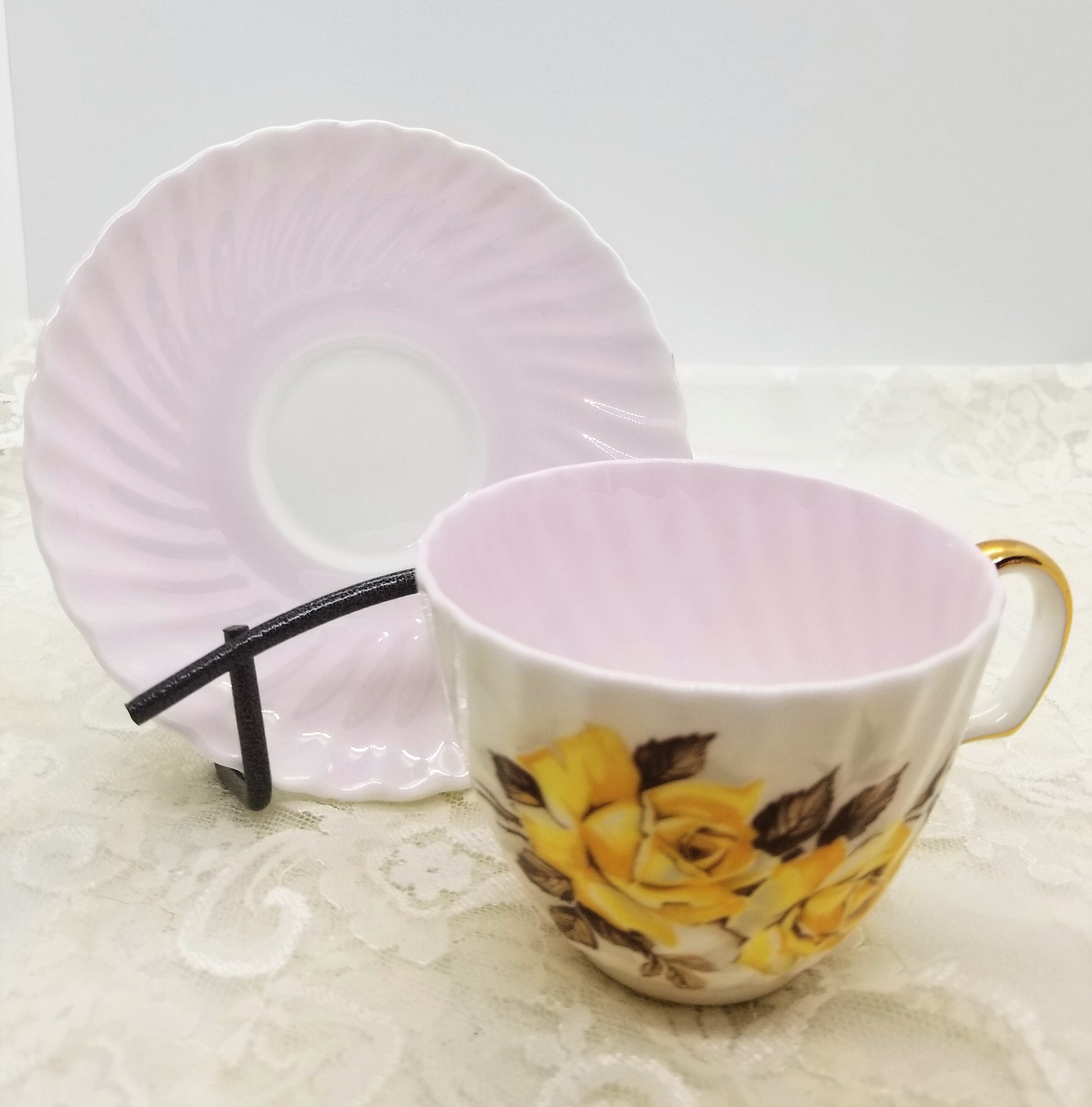 Vintage Adderley Tea Cup Saucer White Gold Yellow Vintage Bone