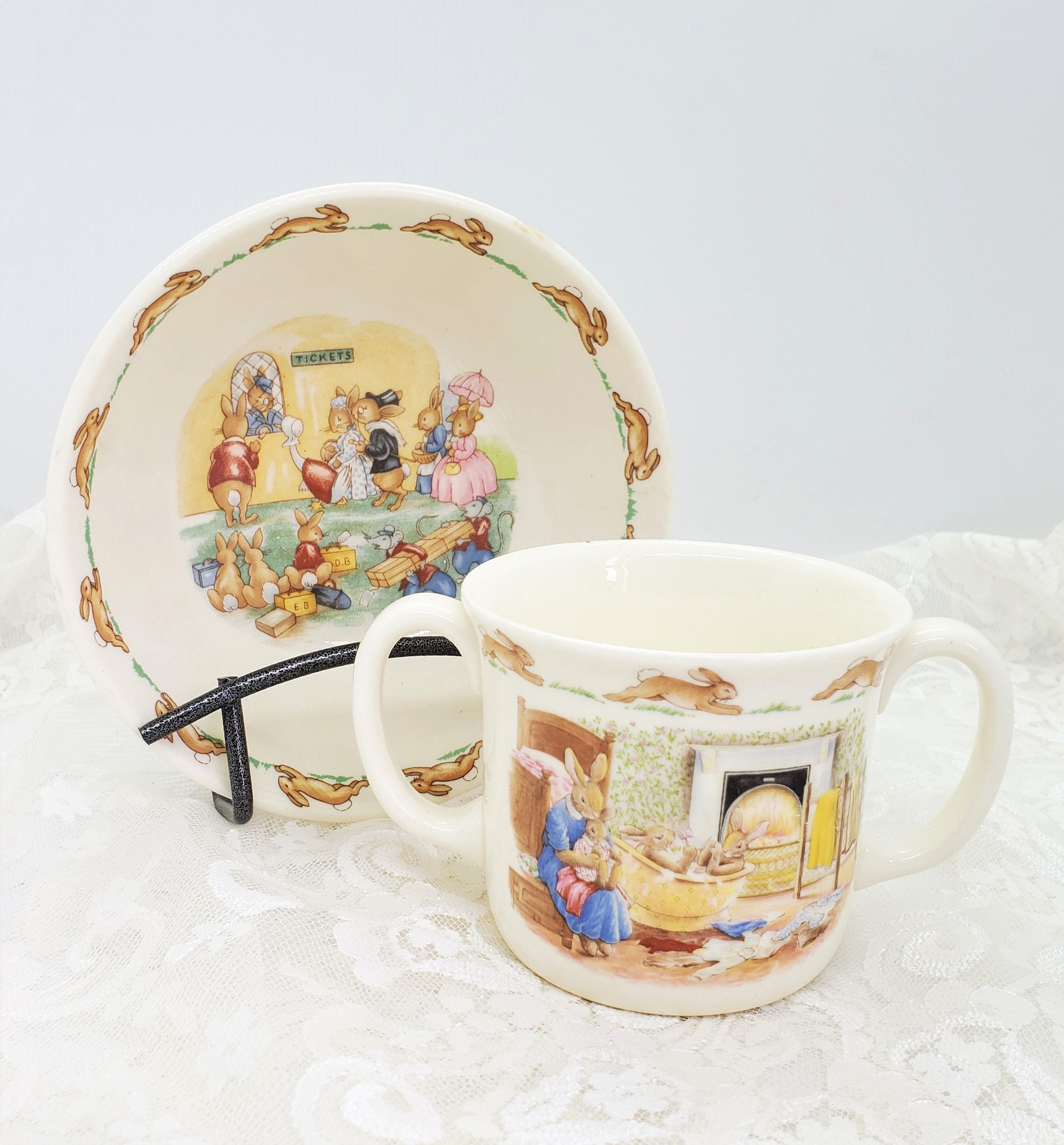 Vintage Royal Doulton set Bathtime mag and Ticket Queue cereal bowl Decorative Bone China set Birthday gift Vintage gift for parents