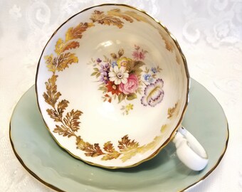 Zestaw do herbaty w kolorze turkusowym ze złotymi akcentami, filiżanka z angielskiej porcelany kostnej, prezent dla mamy i babci, filiżanka do herbaty w kolorze jadeitu