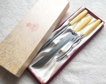 Set de talla vintage Cuchilleros John Palmer Set de talla Mantequilla de acero inoxidable Amarillo Baquelita Mangos Servir Juego de cubiertos Herramientas de tallado de carne