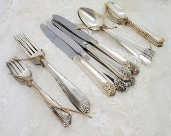 Vintage flatware silverware set Christmas cutlery Farmhouse chic Wedding cutlery Service for 6 person Mismatched Silver plate Flatware set