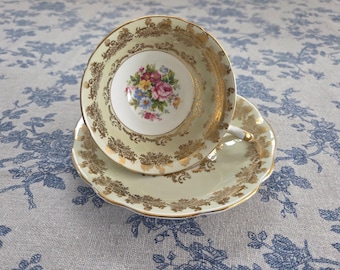 Antyczna filiżanka Foleya, filiżanka EB, jasnożółta filiżanka ze złotym kubkiem do herbaty Foleya, filiżanka z porcelany kostnej, prezent świąteczny, filiżanka w kształcie róży, antyczna angielska filiżanka do herbaty