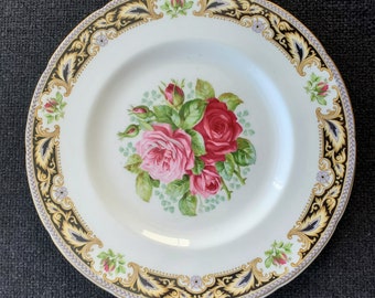 Vintage Foley plate Foley dinner plate Florence plate Big roses plate Bone china plate with gold and black accents Vintage dinner plate gift