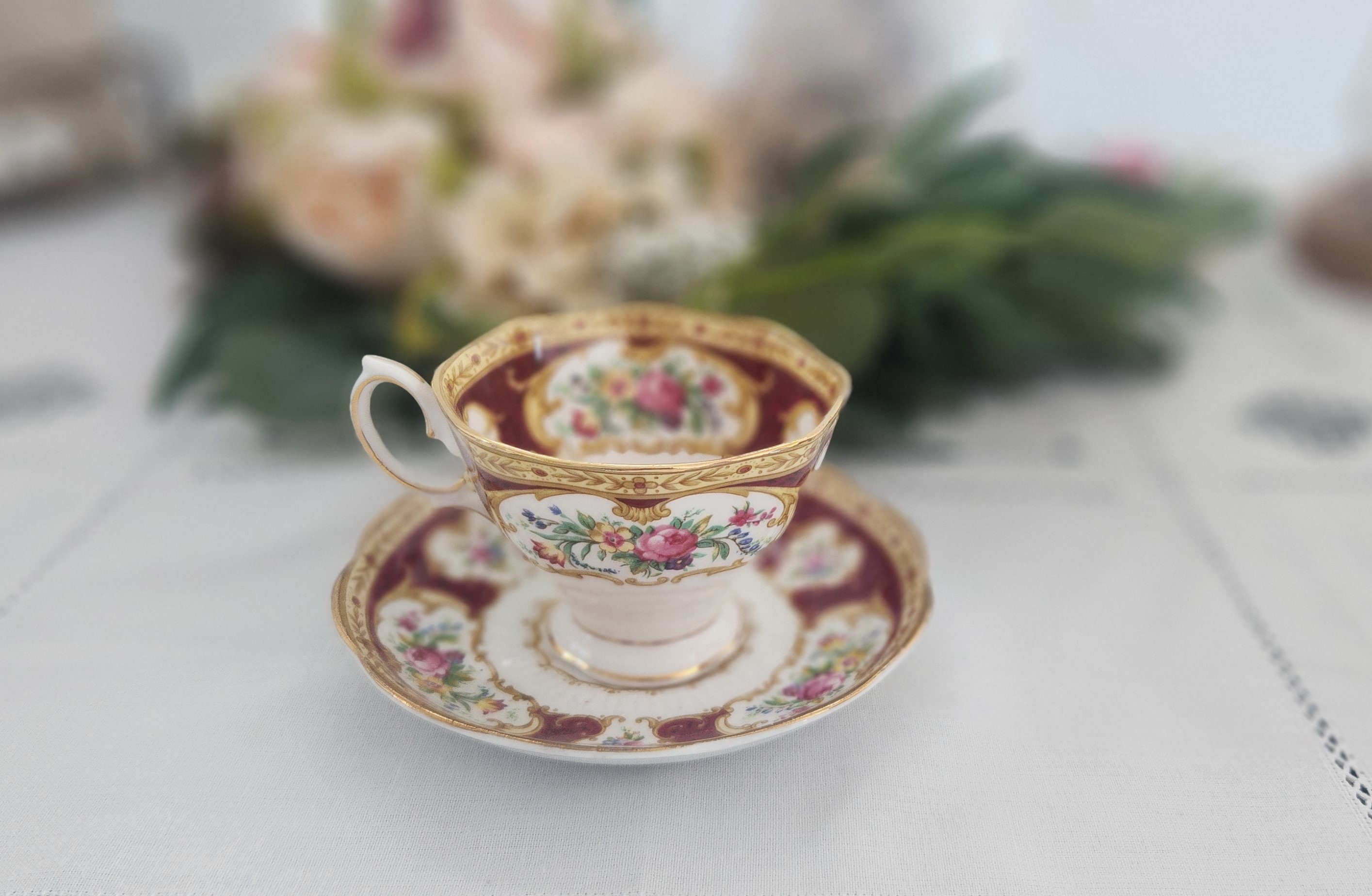 Vintage Royal Albert cup Lady Hamilton cup Birthday gift for mother Vintage English cup saucer Burgundy Cup Vintage teacup saucer Flowers