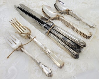Vintage bestickset i silverfärgat Omatchad silverfat i lantlig stil Bröllopsbestickservice för 6 personer Bestickset i Rogers Oneida Community
