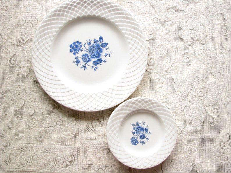 Vintage Plates Set Blue Rose Ironstone White Plate Blue Flower Etsy