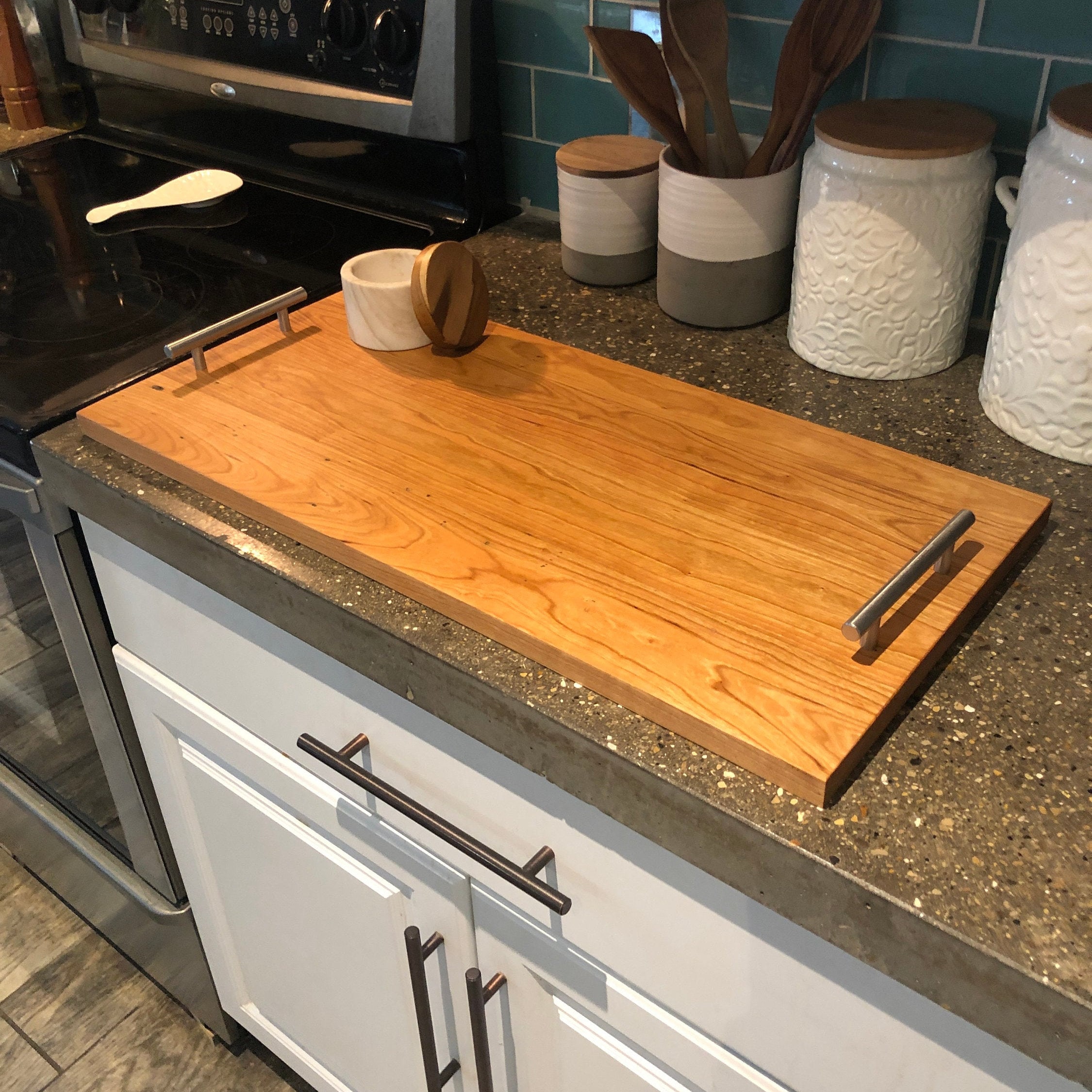 Handmade Large Cutting Board with Handles, Wood Stove Top Cover