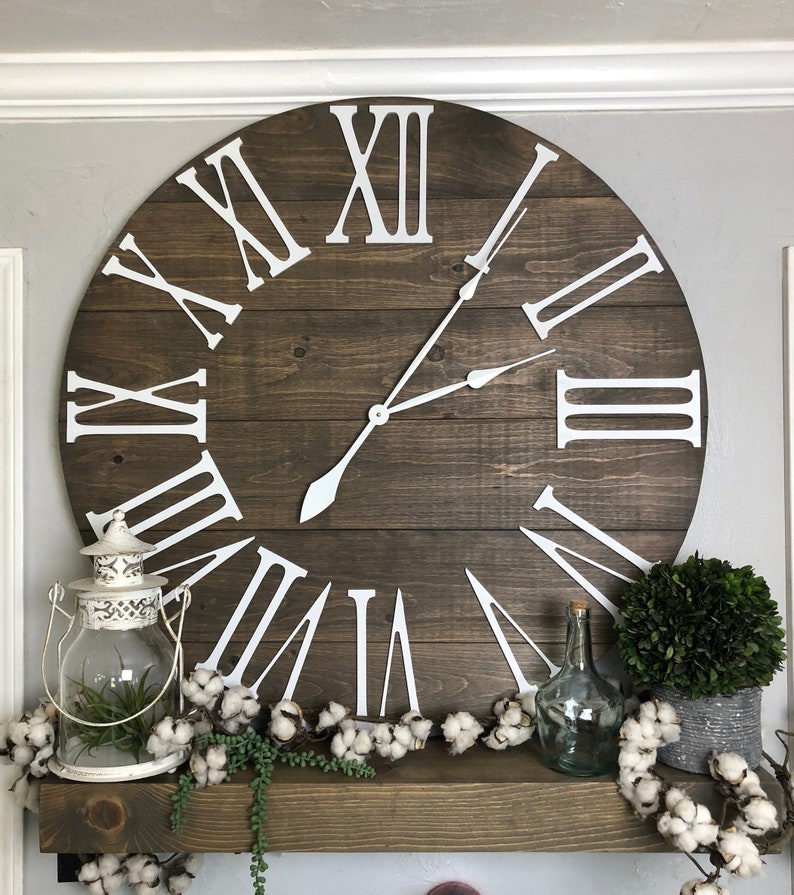 Large Wall Clock The Bailey Roman Numeral Farmhouse Oversized Handmade Wooden Big