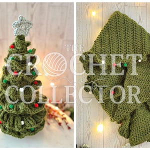 Könnte beinhalten: Ein gehäkelter olivgrüner Weihnachtsbaum mit einem hellgrauen Stern als Spitze und kleinen roten und weißen Pompons, neben einem passenden olivgrünen gehäkelten Kapuzenumhang mit gerüschten Kanten und kleinen Pompons.