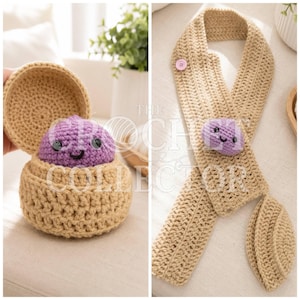 May include: A tan crocheted circular container with a lid, holding a small purple crocheted creature with black bead eyes and a smile. Beside it, a tan crocheted scarf features a single pink button and a matching purple crocheted creature.