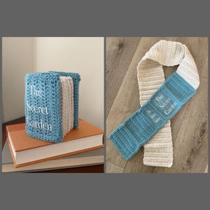May include: A crocheted book cover and scarf featuring the title "The Secret Garden". The book cover is blue and white, and the scarf is blue and white with a white fringe.
