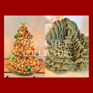 May include: A crochet Christmas tree with a gold star topper, illuminated by warm string lights and decorated with small red, green, and gold ornaments, alongside a folded sage green crocheted blanket with a ruffled, textured edge.