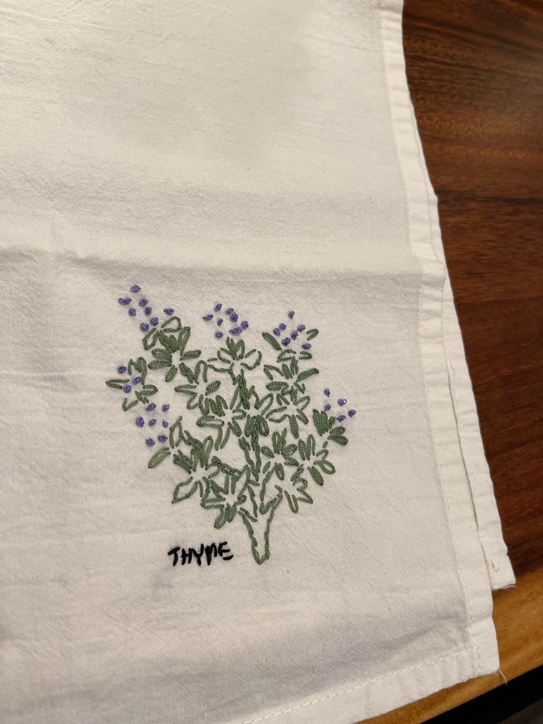 Kitchen Towel Hand Embroidered Dish Towel Thyme Herbs Etsy