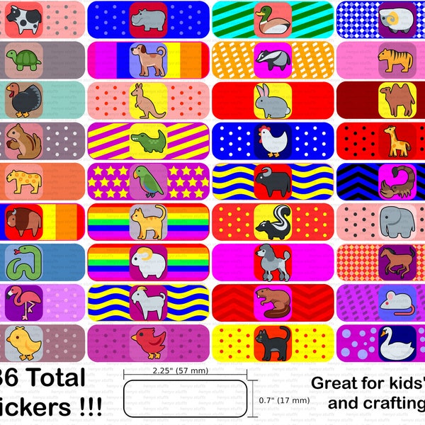 Bandaid Stickers - Adhesive Bandage Stickers : Animals - Kids Play & Crafting - 36 Asstd Premium Vinyl Decal Stickers - FREE SHIPPING