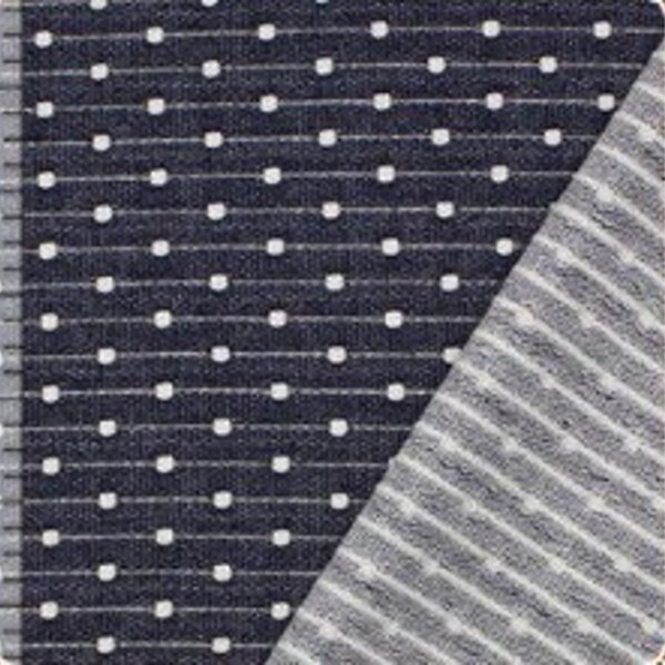 Embroidered Cream Dots & Pinstripe on Denim French Terry Knit Fabric