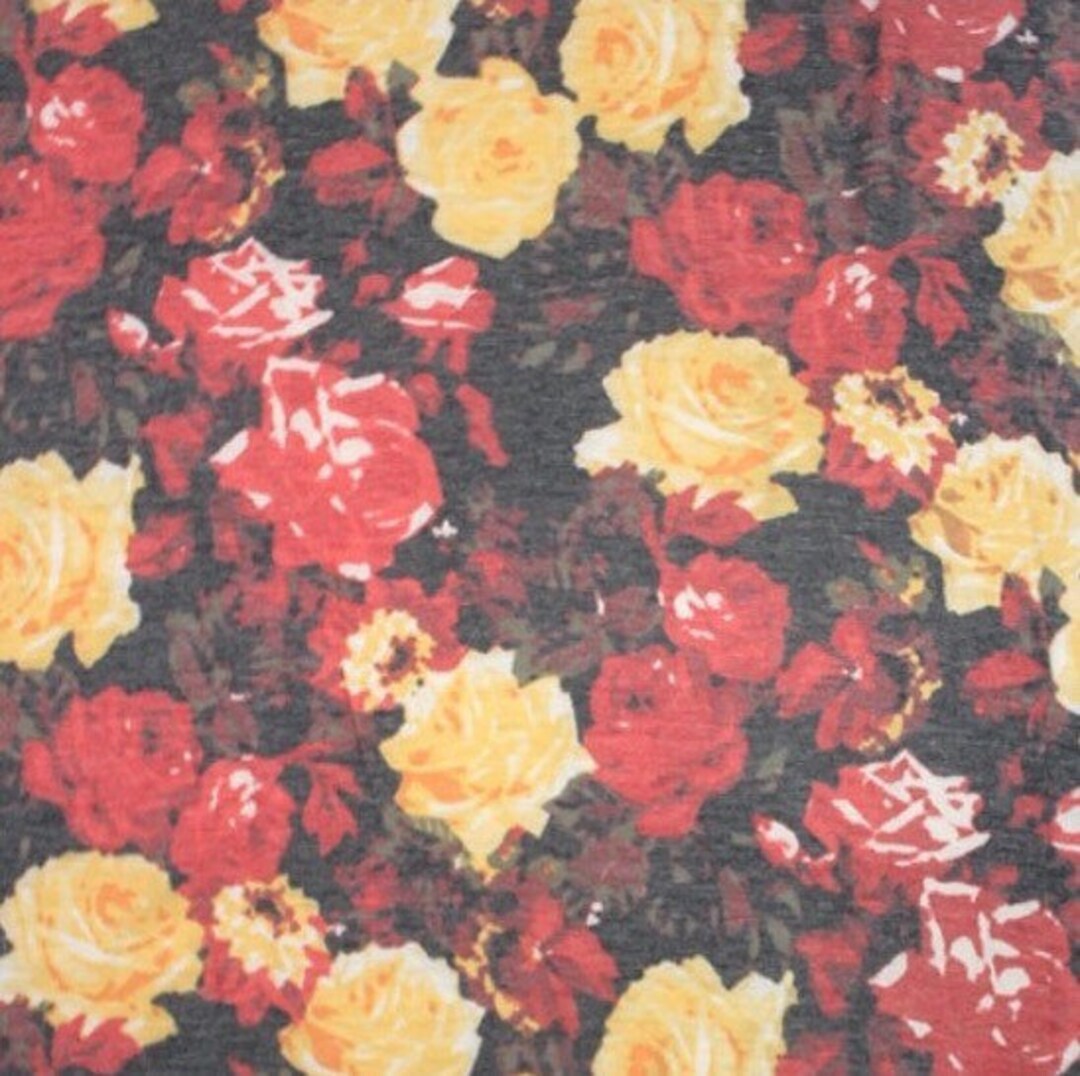 Red Yellow Vintage Floral on Charcoal Spun Cotton Spandex Blend Knit ...