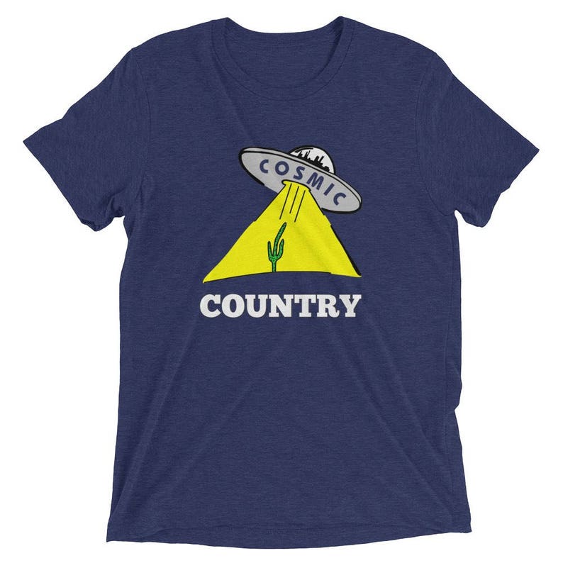 Cosmic Country T-Shirt Super soft. Country, Gram Parsons, Southwest, 70's country, cactus, space ship. Joshua Tree, alt country, folk rock navy blue