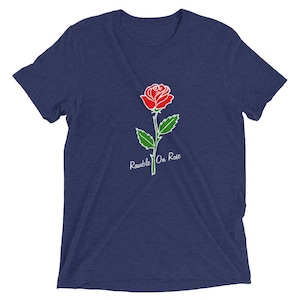 May include: A navy blue t-shirt with a white outline of a red rose and the text "Ramble On Rose".