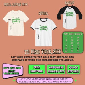 以下が含まれることがあります： リンガー、ラグランスリーブ、ベラキャンバス3001など、さまざまなスタイルのTシャツのサイズチャート。チャートには、Sから3XLまでのサイズに対応する胸囲と着丈の寸法（インチ）が記載されています。画像には、「ショットガンウィリーズ」のテキストとサボテンのグラフィックも含まれています。