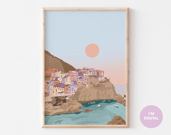 Puede incluir: Una ilustración digital de un pueblo colorido construido en un acantilado con vistas a un océano turquesa. El sol se pone detrás del pueblo, proyectando un cálido resplandor en la escena.